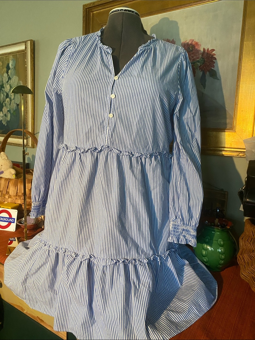 J.Crew blue and white striped tiered mini dress with ruffle trim